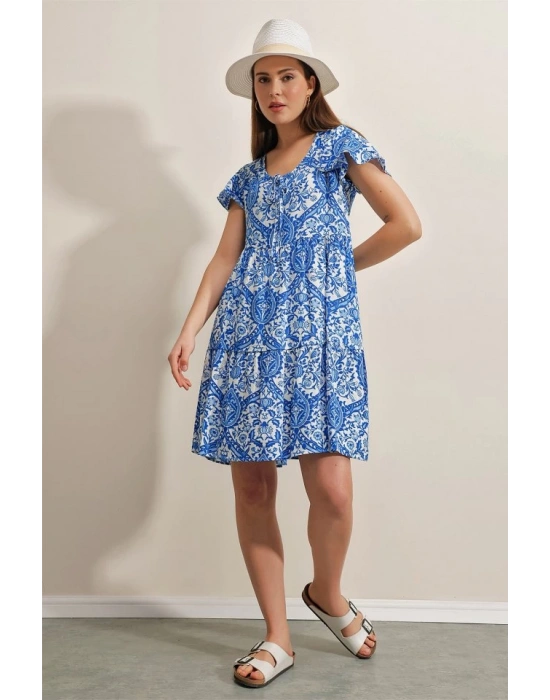 2352 V Yaka Kısa Elbise  Mavi