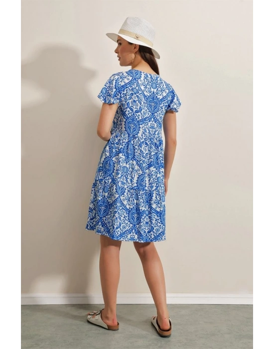 2352 V Yaka Kısa Elbise  Mavi