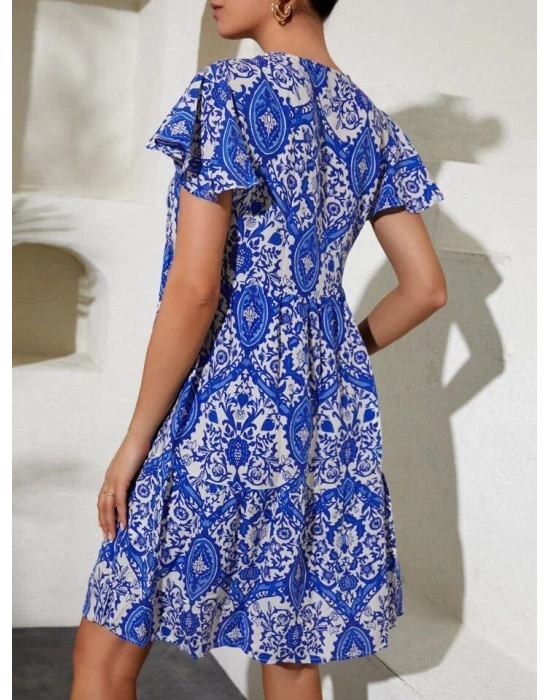 2352 V Yaka Kısa Elbise  Mavi