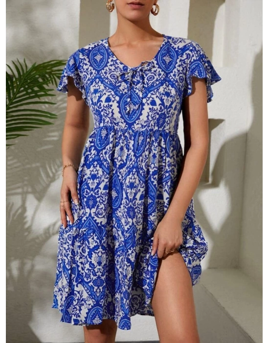 2352 V Yaka Kısa Elbise  Mavi