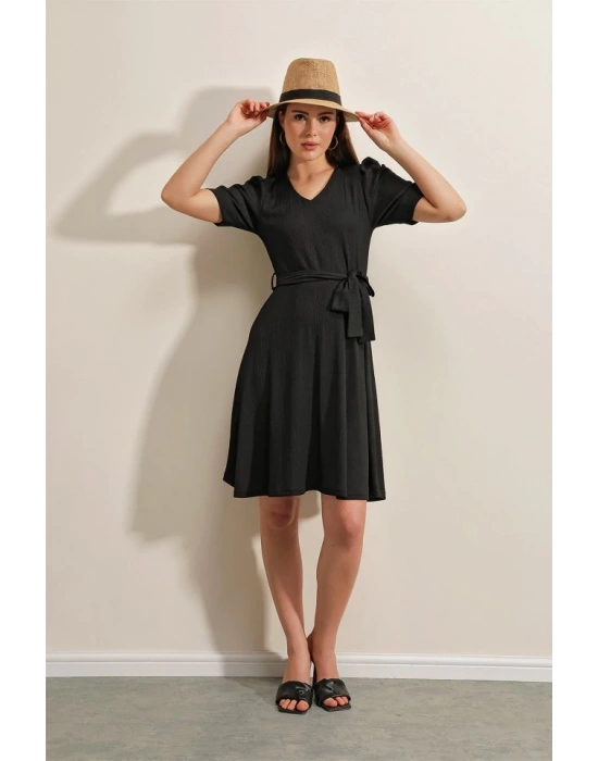 2370 Kuşaklı Örme Elbise  Siyah