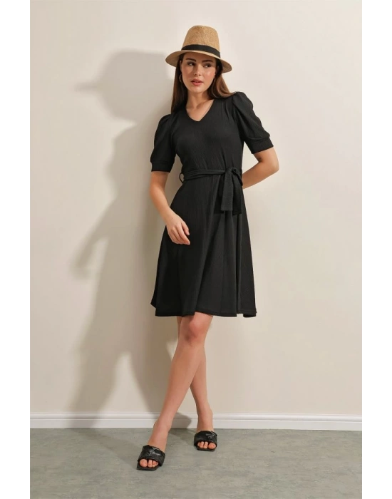 2370 Kuşaklı Örme Elbise  Siyah