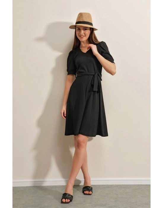 2370 Kuşaklı Örme Elbise  Siyah