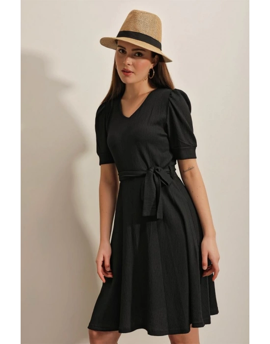 2370 Kuşaklı Örme Elbise  Siyah