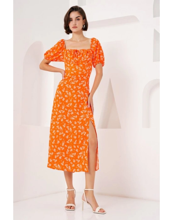2387 Yırtmaç Detaylı Elbise  Turuncu