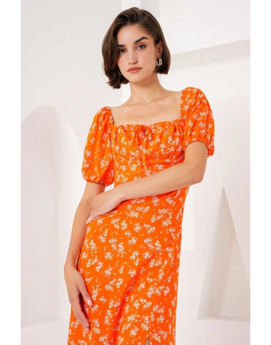 2387 Yırtmaç Detaylı Elbise  Turuncu