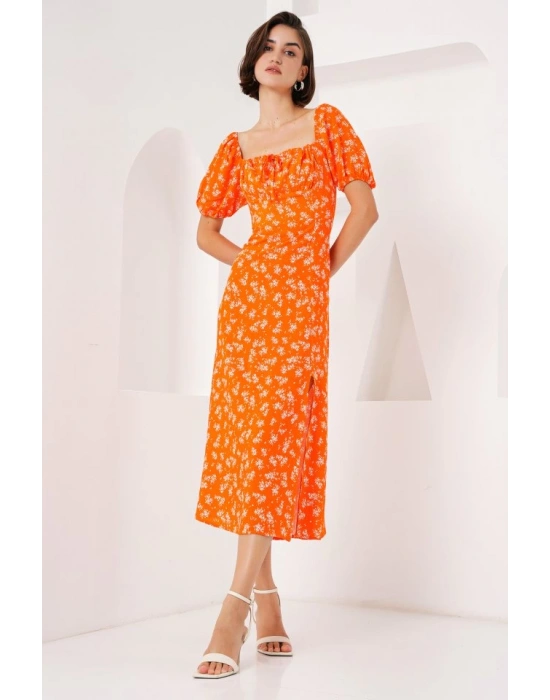 2387 Yırtmaç Detaylı Elbise  Turuncu