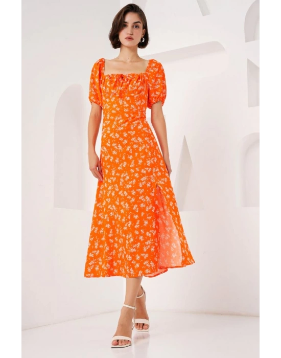 2387 Yırtmaç Detaylı Elbise  Turuncu