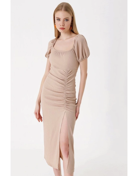 2396 Yırtmaçlı Yazlık Örme Elbise  Bisküvi