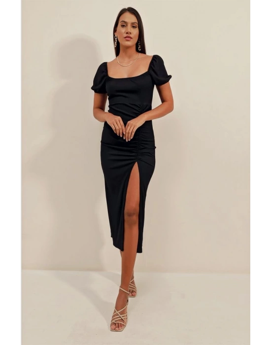 2396 Yırtmaçlı Yazlık Örme Elbise  Siyah