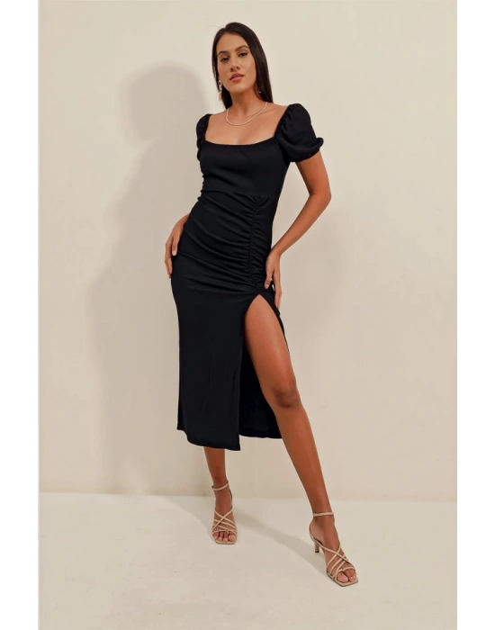 2396 Yırtmaçlı Yazlık Örme Elbise  Siyah