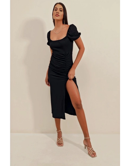 2396 Yırtmaçlı Yazlık Örme Elbise  Siyah