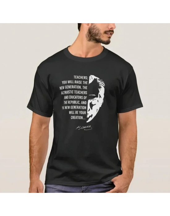 24 Kasım Öğretmenler Günü Temalı Baskılı Bisiklet Yaka Tshirt  iyah