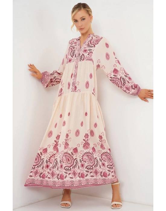 2423 Otantik Desenli Tesettür Elbise  Bordo 1