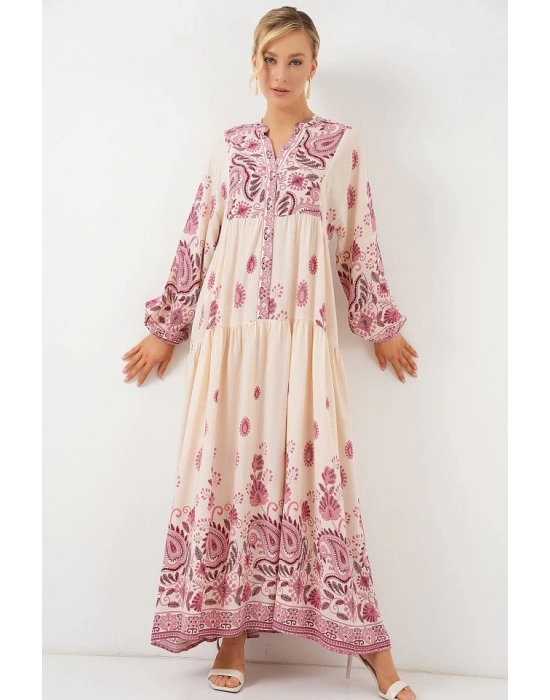 2423 Otantik Desenli Tesettür Elbise  Bordo 1