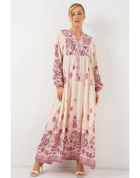 2423 Otantik Desenli Tesettür Elbise  Bordo 1