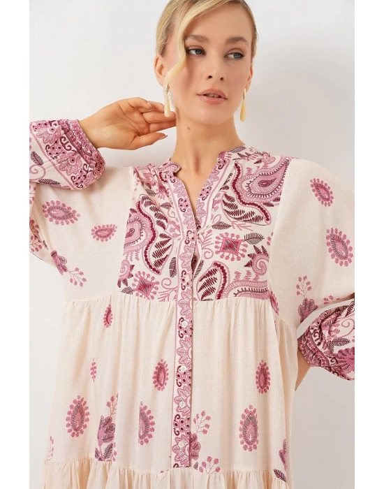 2423 Otantik Desenli Tesettür Elbise  Bordo 1