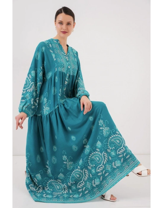 2423 Otantik Desenli Tesettür Elbise  B.Turkuaz