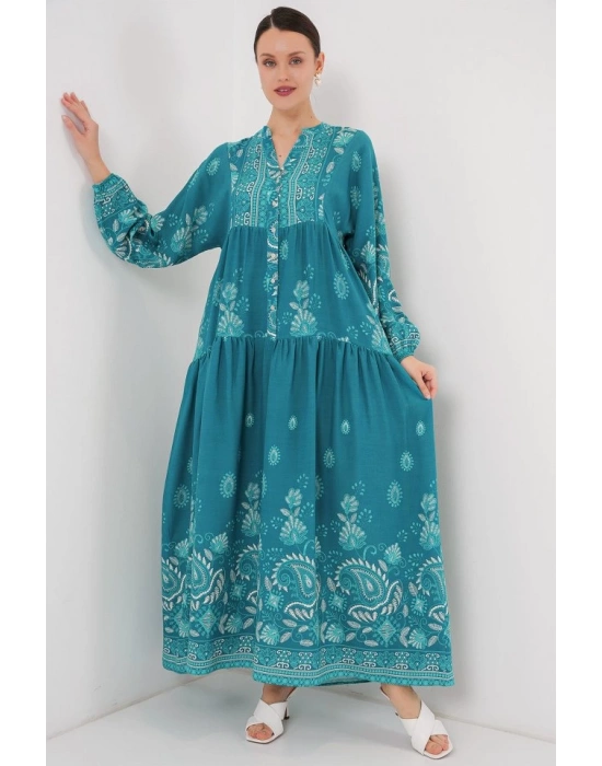 2423 Otantik Desenli Tesettür Elbise  B.Turkuaz