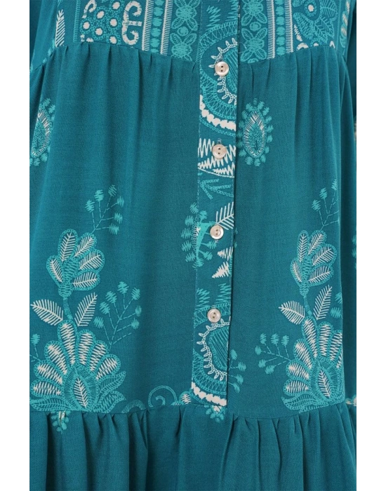 2423 Otantik Desenli Tesettür Elbise  B.Turkuaz