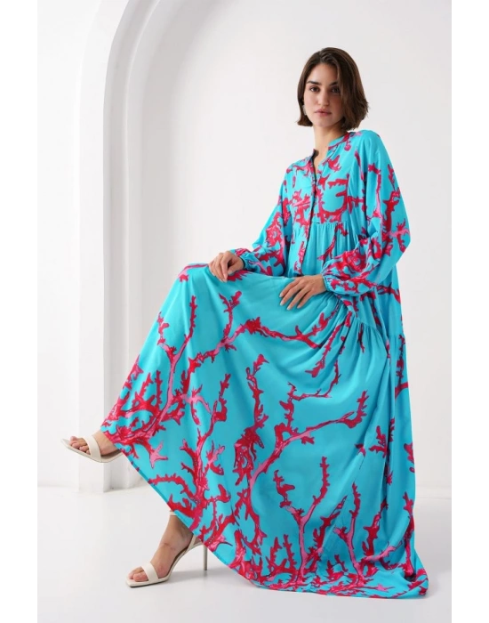 2423 Otantik Desenli Tesettür Elbise  Buz Mavi