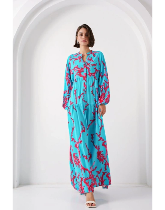 2423 Otantik Desenli Tesettür Elbise  Buz Mavi