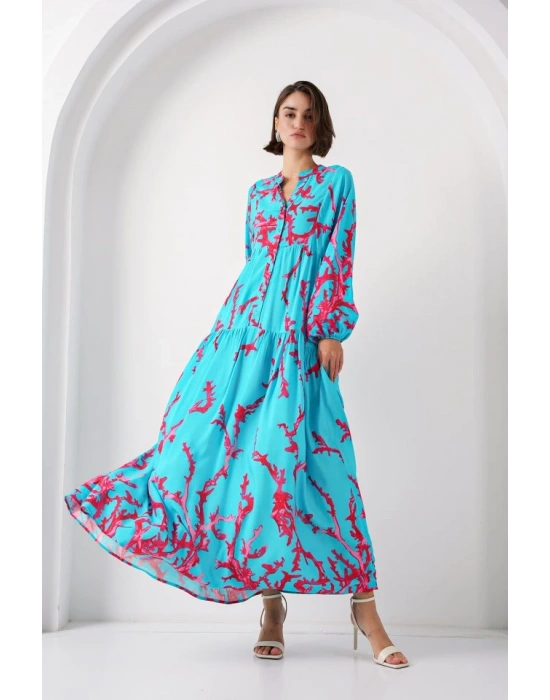 2423 Otantik Desenli Tesettür Elbise  Buz Mavi