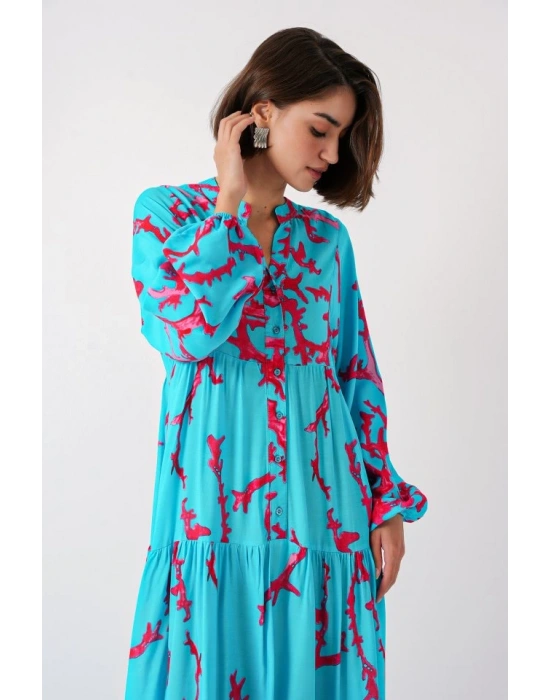 2423 Otantik Desenli Tesettür Elbise  Buz Mavi