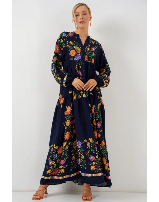 2423 Otantik Desenli Tesettür Elbise  Düz Lacivert