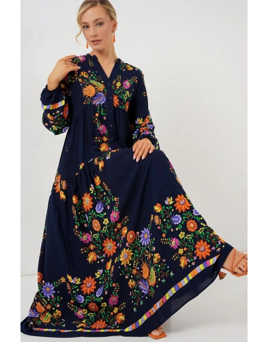 2423 Otantik Desenli Tesettür Elbise  Düz Lacivert