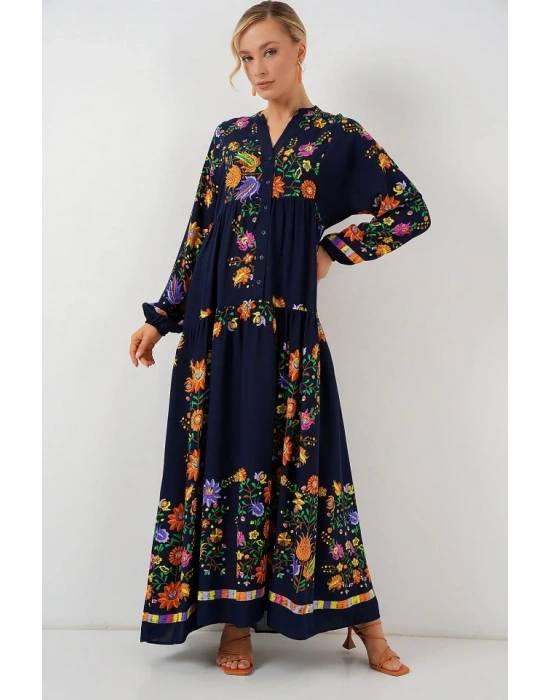 2423 Otantik Desenli Tesettür Elbise  Düz Lacivert