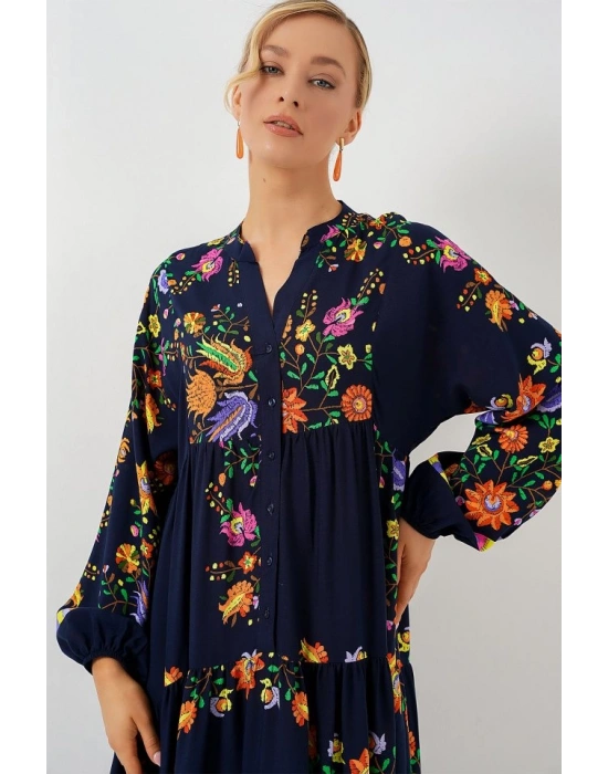 2423 Otantik Desenli Tesettür Elbise  Düz Lacivert