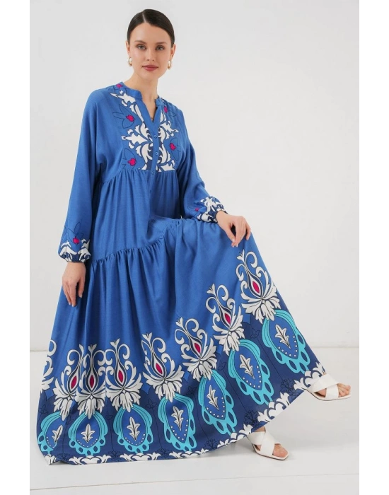 2423 Otantik Desenli Tesettür Elbise  F. İndigo