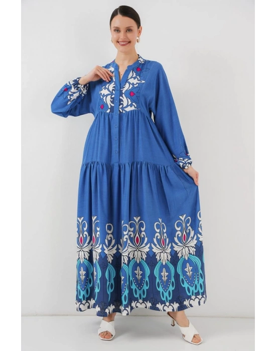 2423 Otantik Desenli Tesettür Elbise  F. İndigo