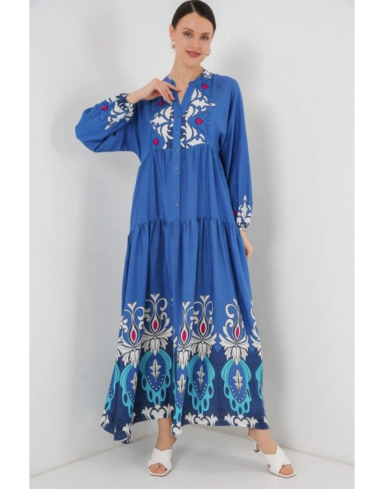 2423 Otantik Desenli Tesettür Elbise  F. İndigo