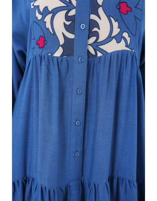 2423 Otantik Desenli Tesettür Elbise  F. İndigo