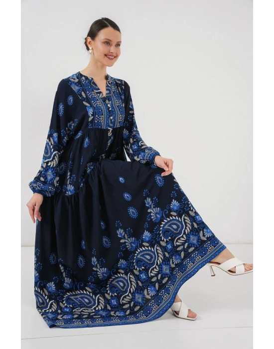 2423 Otantik Desenli Tesettür Elbise  Lacivert 1