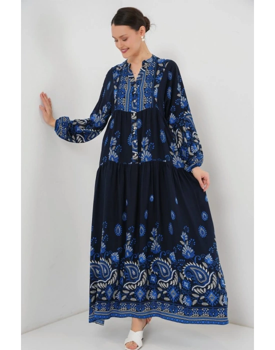 2423 Otantik Desenli Tesettür Elbise  Lacivert 1
