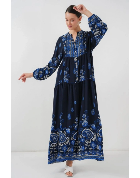 2423 Otantik Desenli Tesettür Elbise  Lacivert 1