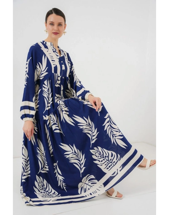 2423 Otantik Desenli Tesettür Elbise  Lacivert 3