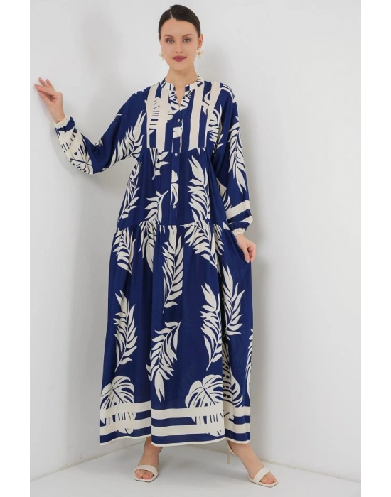 2423 Otantik Desenli Tesettür Elbise  Lacivert 3