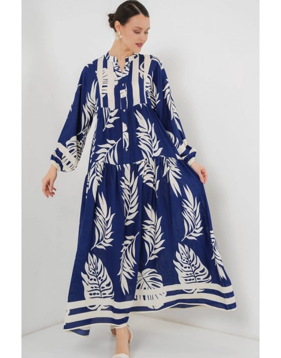 2423 Otantik Desenli Tesettür Elbise  Lacivert 3