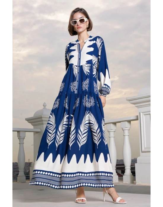 2423 Otantik Desenli Tesettür Elbise  M. Lacivert