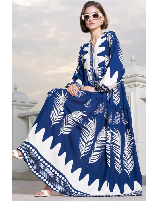 2423 Otantik Desenli Tesettür Elbise  M. Lacivert