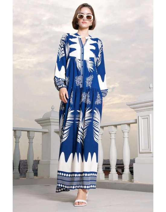 2423 Otantik Desenli Tesettür Elbise  M. Lacivert