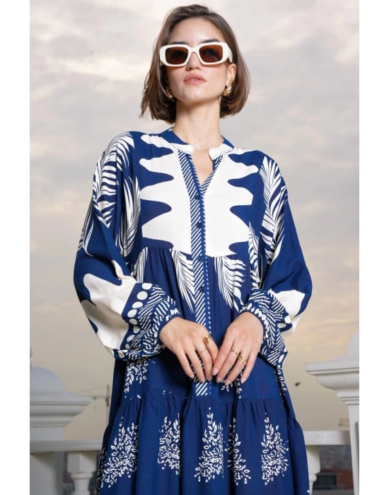 2423 Otantik Desenli Tesettür Elbise  M. Lacivert