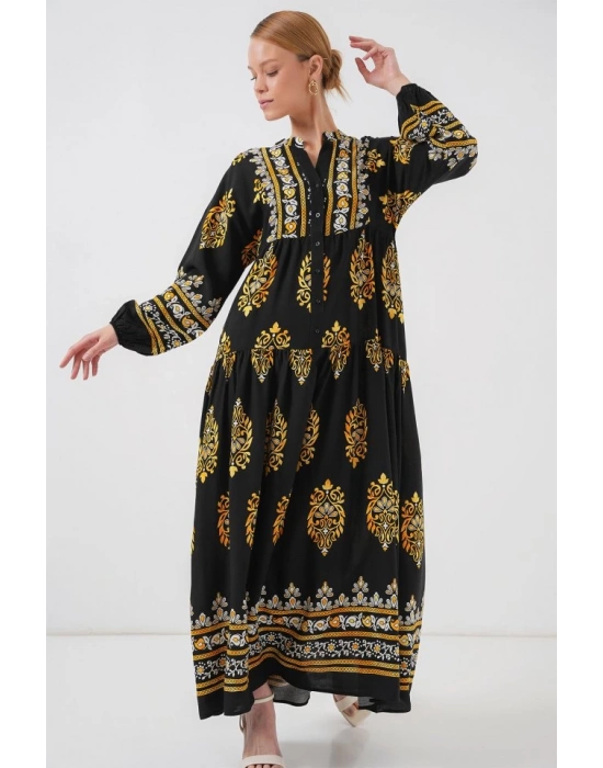 2423 Otantik Desenli Tesettür Elbise  Siyah 6