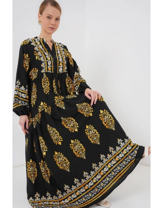 2423 Otantik Desenli Tesettür Elbise  Siyah 6