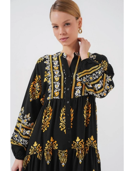 2423 Otantik Desenli Tesettür Elbise  Siyah 6