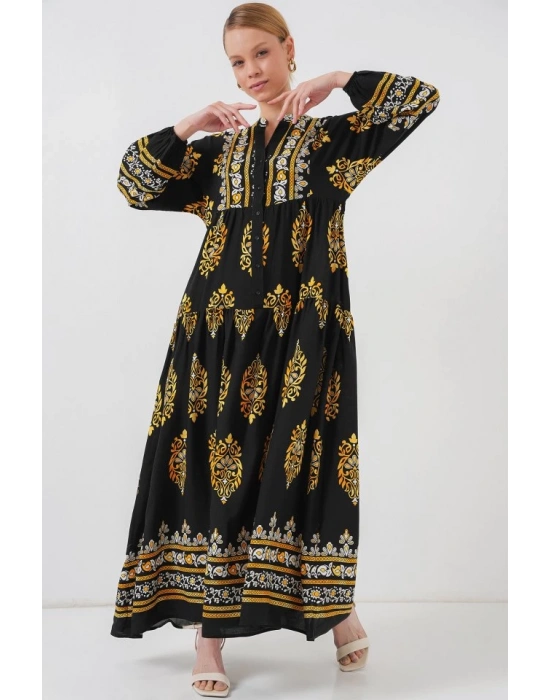 2423 Otantik Desenli Tesettür Elbise  Siyah 6